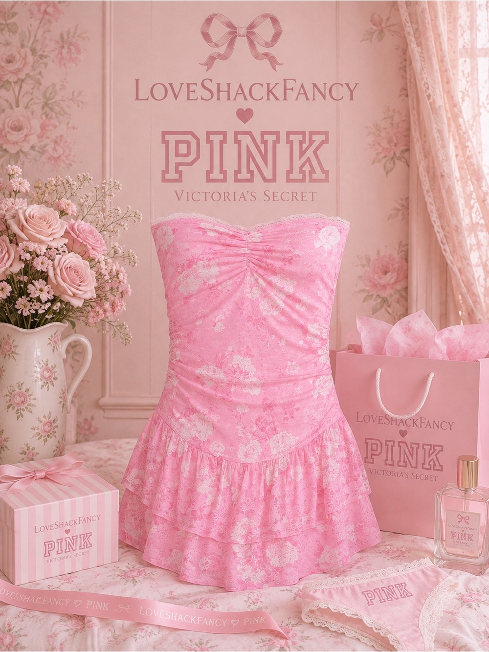 PINK × LoveShackFancy Strapless Lace Mini Dress